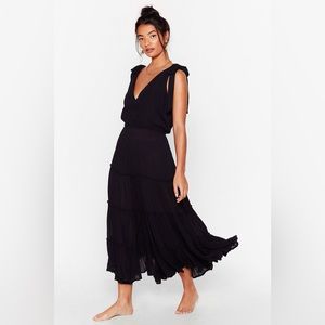 NASTYGAL Cut Ties Cover Up Maxi Dress Black Linen Dress Tiered Ruffle Size 6